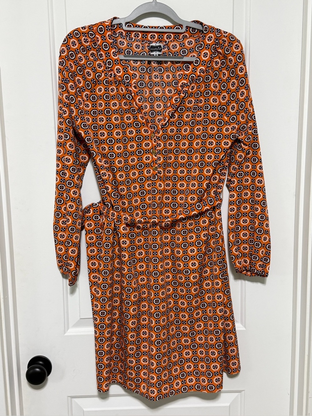 Mud Pie Orange Geometric Long Sleeve Wrap-Style Dress